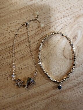 Gold Beaded Stretch Bracelet with Black Charm